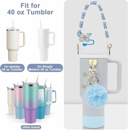 Accessories Set Including Water Bottle Handle Strap, Silicone Boot, Resin Butterfly Straw Cover, Straw Topper, Lip Balm Sleeve, Butterfly & Hairball Charms for Stanley Cup Tumbler