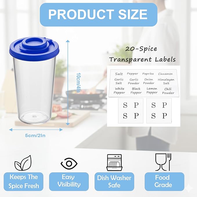 Plastic Salt and Pepper Shakers Set with 4 Color Lids & 20 Labels – Clear Spice Jars, Reusable, Refillable Seasoning Containers for Kitchen, Cooking, Baking – Easy Storage & Organization