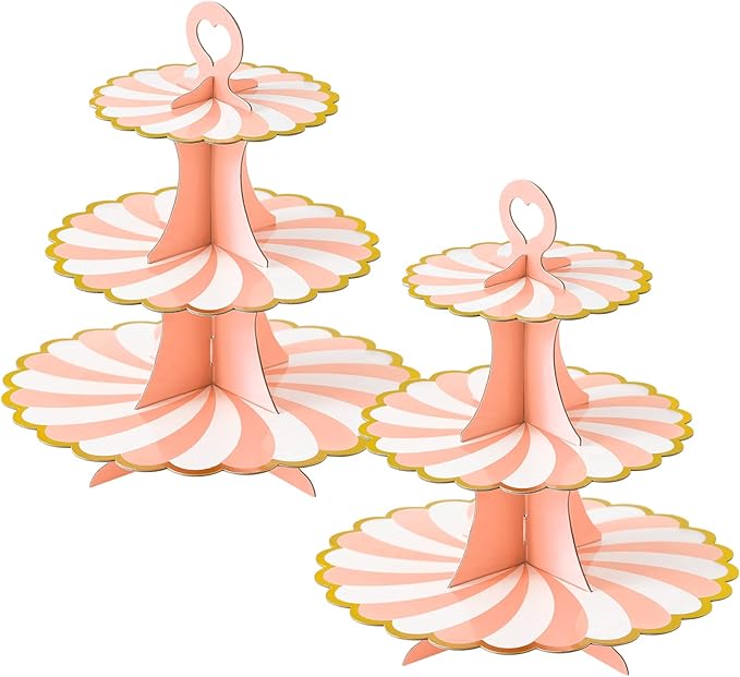 Soleebee 3-Tier Cupcake Stand, Cardboard Cupcake Tower, Dessert Cup Cake Stand Tower for Birthday Wedding Party Decoration, Cupcake Tier Stand 2 Set (Pink Gold)