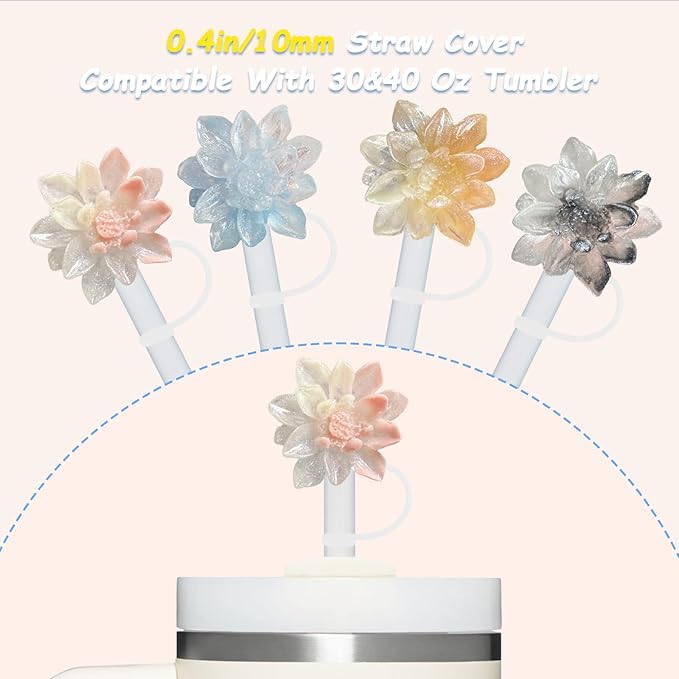 4 Pcs 0.4in Straw Cover for Stanley Cup, Silicone Straw Topper Set for 30&40oz Stanley Tumbler, Fit for 10mm/0.4in Straws (Lotus)