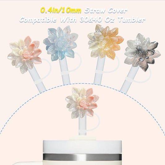 4 Pcs 0.4in Straw Cover for Stanley Cup, Silicone Straw Topper Set for 30&40oz Stanley Tumbler, Fit for 10mm/0.4in Straws (Lotus)