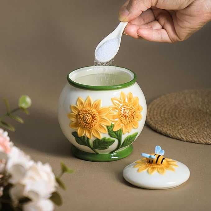 WAIT FLY Embossed Sunflower and Bee Ceramic Sugar Bowl with Lid and Spoon, Sugar Container, Sugar Jar for Kitchen Countertop, Coffee Bar-A
