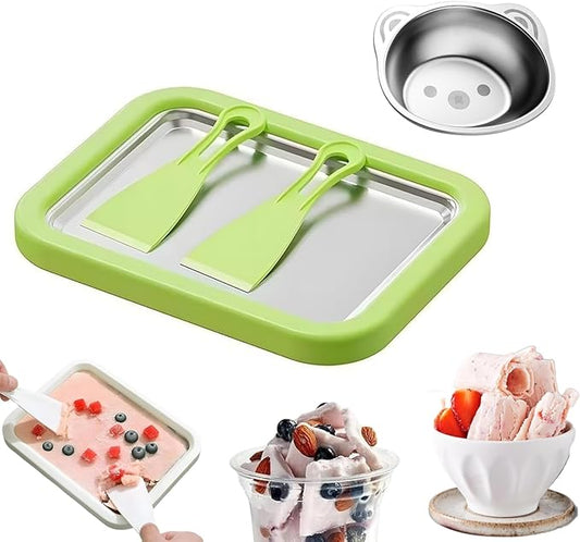 Rolled Ice Cream Maker Kit, Instant Freezy Ice Cream Roller Tray with 2 Scrapers and a Cute Bowl, DIY at Home Suitable For Families and Parties (green)