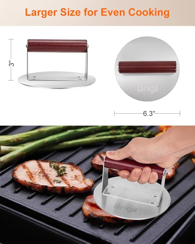 Brigii 6.3" Stainless Steel Smashed Burger Press, Round Flat Edge Grill Press for Crispy Smash Burgers, Hamburger Tool for Grill and Griddle Accessories, for BBQs and Tailgates, Dishwasher Safe