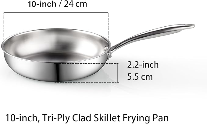 Cook N Home 10-inch Stainless Steel Frying Pan, Tri-Ply Clad 18/10 Stainless Steel Skillet Sauté Cooking Fry Pan, Induction Cookware, Silver