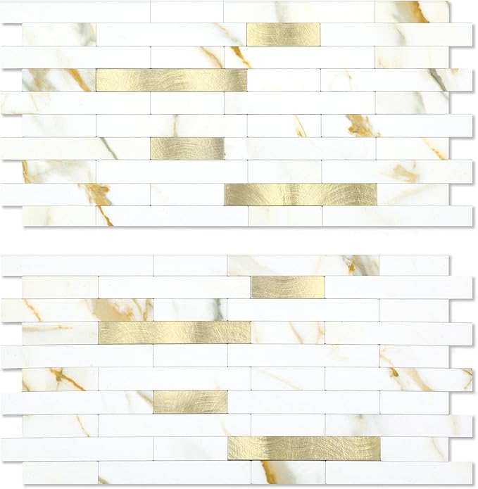 Yipscazo 2 Sheets Peel and Stick Stone Metal Backsplash, PVC Wall Tiles Stick on Tiles for Backsplash Kitchen, Bathroom, Fireplace (6'' X 12'', Calar Golden)