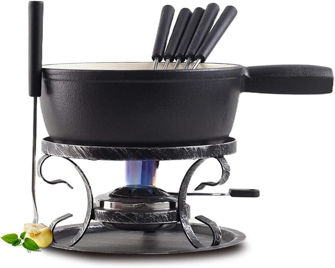 Artestia Cast Iron Fondue Pot Set for Cheese & Chocolate, Fondue Set for 6 with Burner & 6 Forks, Swiss Fondue Pot for Party, Family & Gift, Black