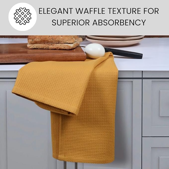 Waffle Kitchen Towels 100% Cotton Set of 4-320 GSM Quality - Soft Absorbent Durable Washable Dish Cleaning Towel for Kitchen & Home - Quick Drying Dish Towel 16x26 inch Mustard Yellow