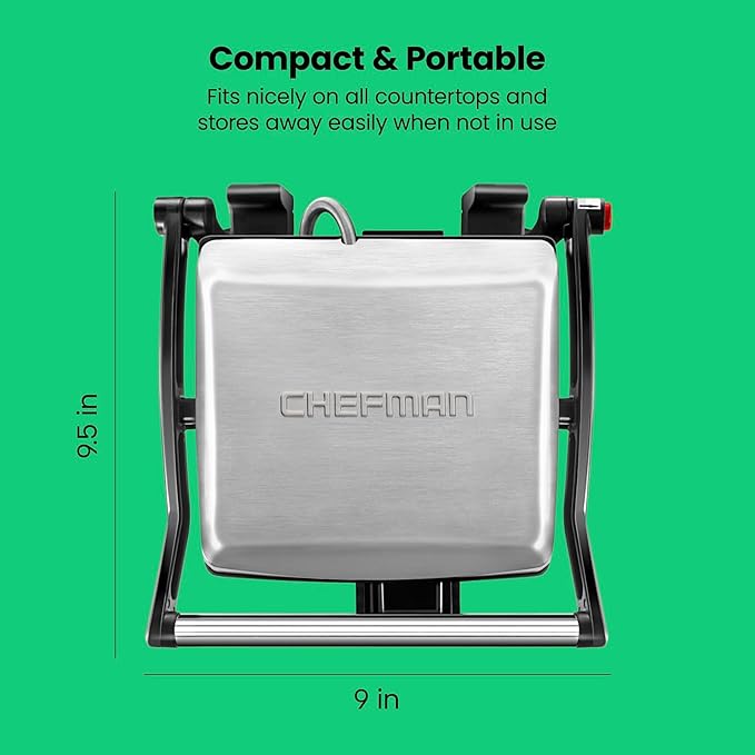 Chefman Panini Press Grill and Gourmet Sandwich Maker Non-Stick Coated Plates, Opens 180 Degrees to Fit Any Type or Size of Food, Stainless Steel Surface and Removable Drip Tray, 4 Slice, Black
