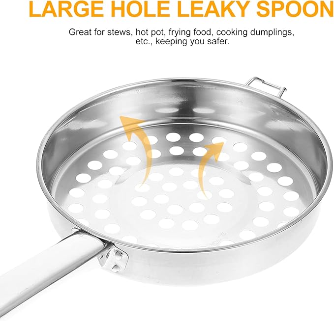 UPKOCH Stainless Steel Large Hole Colander Strainer Spoon with Handle 14.56 Inch Flat Bottom Mesh Kitchen Gadget for Cooking Pasta Vegetables and Hot Pot