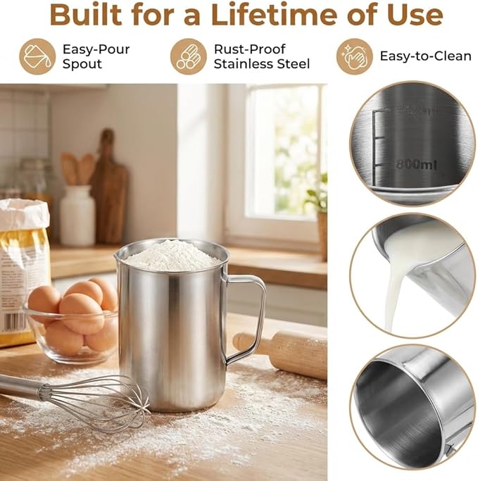Veemoon Large Stainless Steel Measuring Cup, 1000ml/32OZ Metal Embossed Measuring Pitcher with Handle and Scale Coffee Milk Frothing Pitcher Latte Art Cup for Science Experiments Kitchen Liquid Mixing