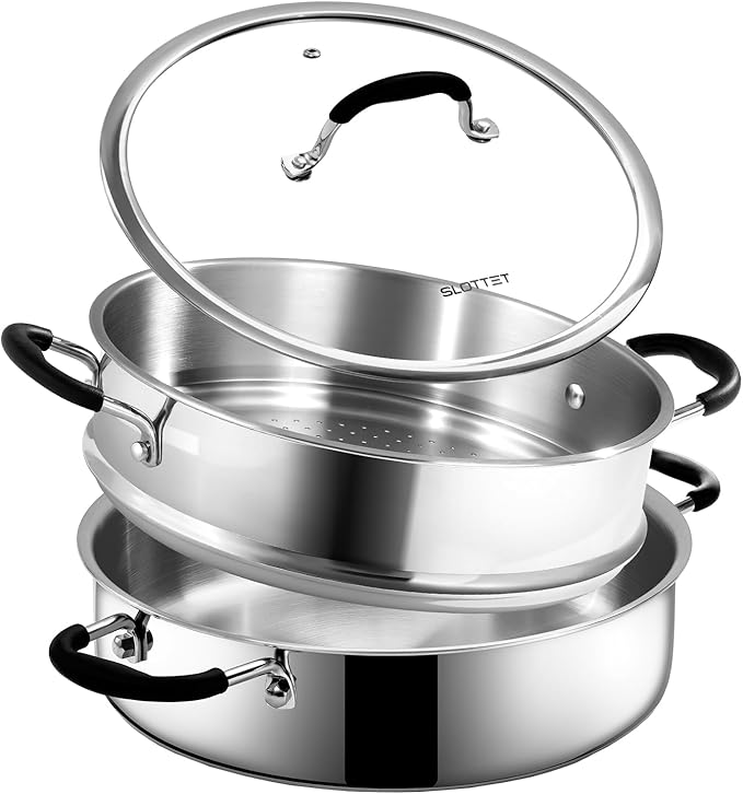 SLOTTET Tri-Ply Stainless Steel Saute Pan with Steamer, 5 Quart Deep Sauté Pan with Lid,11.5 Inch Frying Pan,Dishwasher and Oven Safe,Induction Stainless Steel Cookware