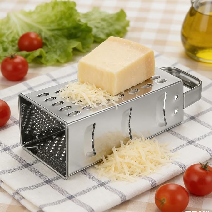 1pc Stainless Steel Vegetable Grater Portable Metal Grater 4-Sided Cheese Grater with Handle for Kitchen Restaurant (8inch)