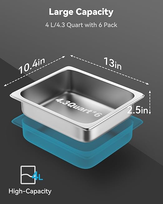 ZeroPone 6 Pack Hotel Pans 1/2 Size 2.5" Deep Steam Table Pan 22 Gauge Anti Jam Stainless Steel Catering Food Pan