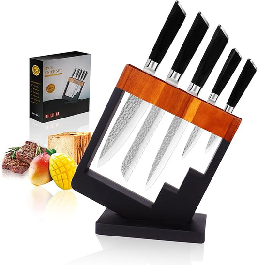 5-Piece Kitchen Knife Set with Block - Stainless Steel Sharp Blade, Wooden Handle Knifes Holder, Bread/Fruit/Meat/Chef Knives, Gifts for Women Men (Hammered Texture)-5