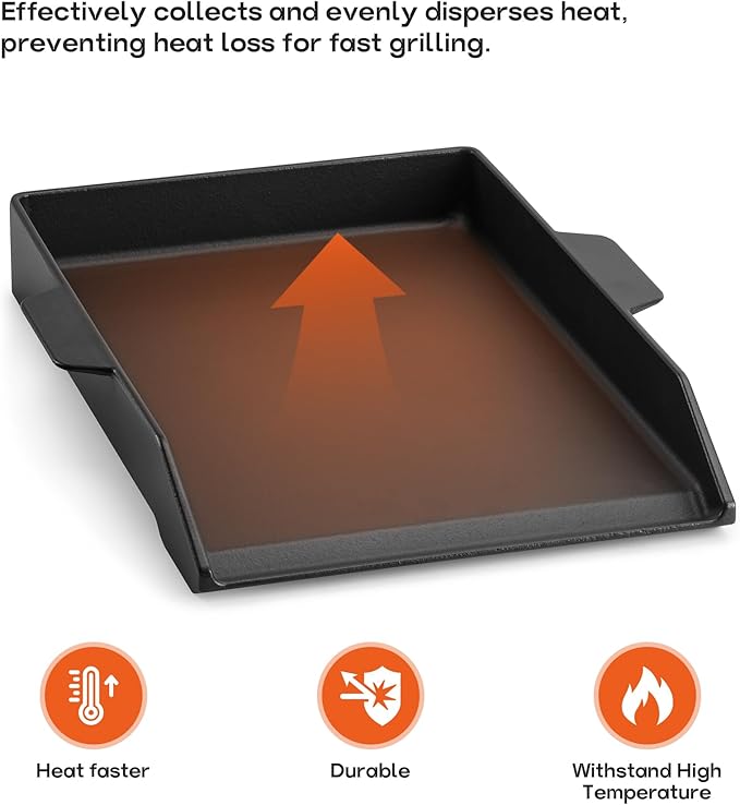 Onlyfire Universal Cast Iron Cooking Griddle for Grills and 2 Burner Range Oven, Non-Stick BBQ Flat Top Griddle with Handles for Outdoor Cooking, 18.1" x 12.2"