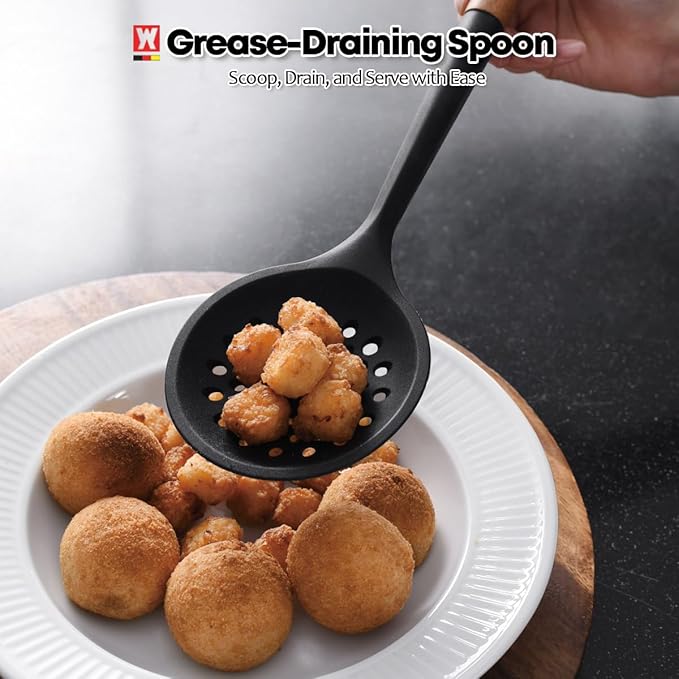 Silicon Cooking Skimmer Ladle with Wooden Handle: Slotted Cooking Spoon for Deep Frying Food, Food Separator, Heat Resistant, BPA Free, Gentle Head Design for Non-Stick Cookware
