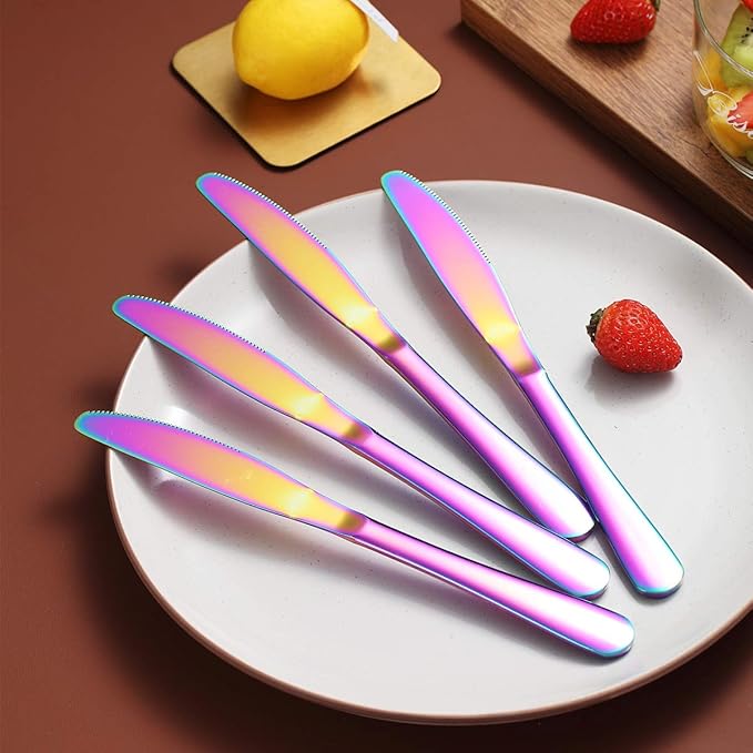 Berglander Rainbow Dinner Knives Set Of 4, Stainless Steel Titanium Plating Shiny Colorful Dinner Knife, Mutil Color Butter Knife Spreader Table Knives Sturdy And Dishwasher Safe