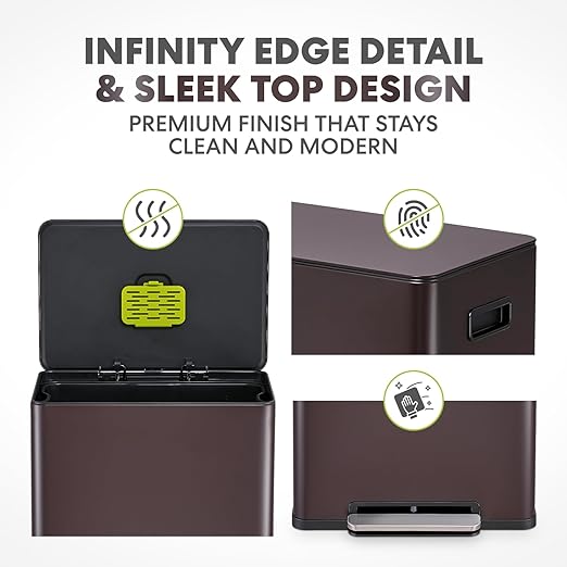 Simpli-Magic Infinity Edge 60 Liter / 16 Gallon Rectangular Hands-Free Extra Large Kitchen Step Trash Can, Soft-Close Single Lid Recycling Bin, Stainless Steel, Brown, 79682