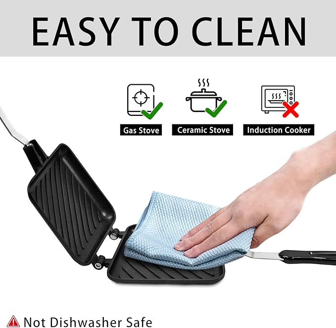 Sandwich Maker, Nonstick Panini Maker Pan Grilled Stove Top Toasted Pan, Double Sided Cheese Press with Handle for Breakfast, Camping, Home, Kitchen 5.82" W x 13.07" L