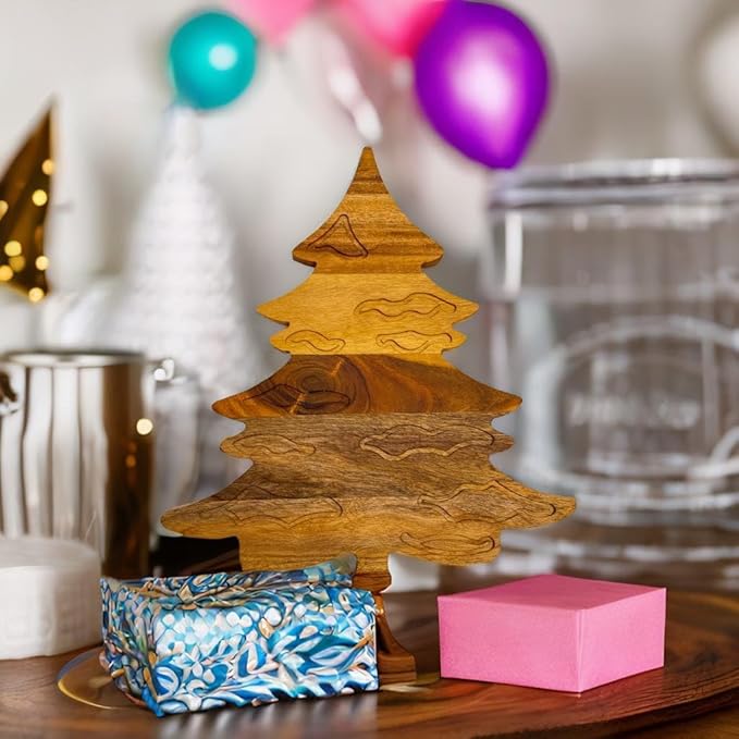 Treen Art Wood Cutting Board for Kitchen Christmas Snow Leaf Tree Shaped Wooden Cutting Board with Handle & Grooves, Decorative cutting board for Cheese and Charcuterie Platter 14"L x 13"W