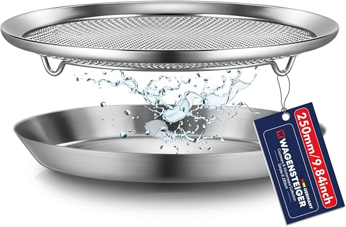 Stainless Steel Mesh Tray Set with Drip Pan, Air Fryer Basket and Tray, Kitchen Colander, Vegetable and Fruit Strainer, Food Filter, BBQ Prep Tool, Fruit Serving Dishes (9.84 inch)