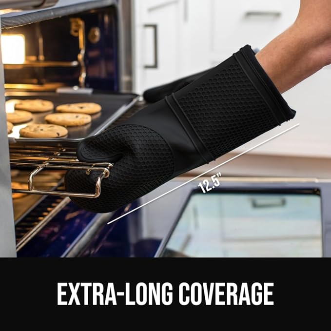 GORILLA GRIP BPA-Free Soft Silicone Oven Mitts, Heat Resistant and Waterproof Cooking Safety Gloves, Thick Cotton Lining, Flexible Gripping, Kitchen Potholders Set, for Grilling, BBQ, 12.5x8.3, Black