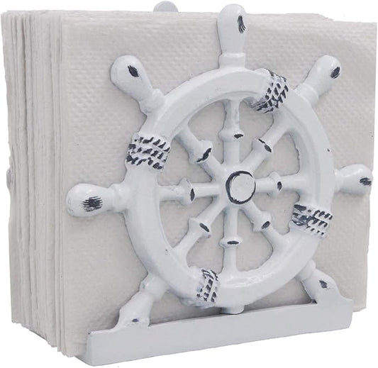 THDC Nautical Napkin Holder, Lunch, Dinner, Nautical Collection Napkin Holder, Made of Metal (Wheel Distressed White)