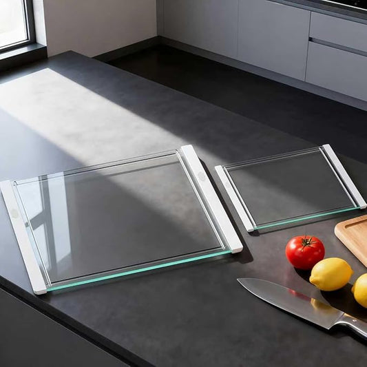 Tempered Glass Cutting Board Set for Kitchen Counter - Dishwasher Safe with Juice Grooves, Non-Slip Silicone Edges & Beveled Grip - 16"x12" & 12"x8" Serving Tray (White-2PCS)