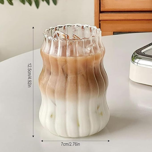 Nirvany 2 Pcs Ribbed Glass Cups, 18 Oz Vintage Drinking Glassware with Wave Shape Design, Bubble Cups for Iced Coffee, Juice, Beverage, Milk, Cocktails, Bubble Tea, and More