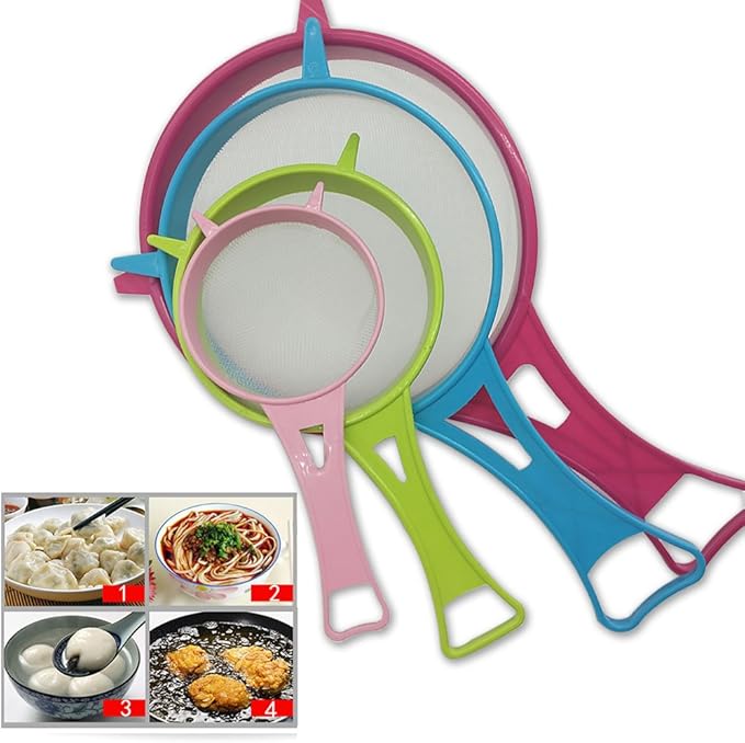 4Pcs Plastic Mesh Strainer Colander Set, Food Soy Milk Flour Sieve Long Handle Sieve Strainer Icing Sugar Sifters Fine Strainer Tea Filter