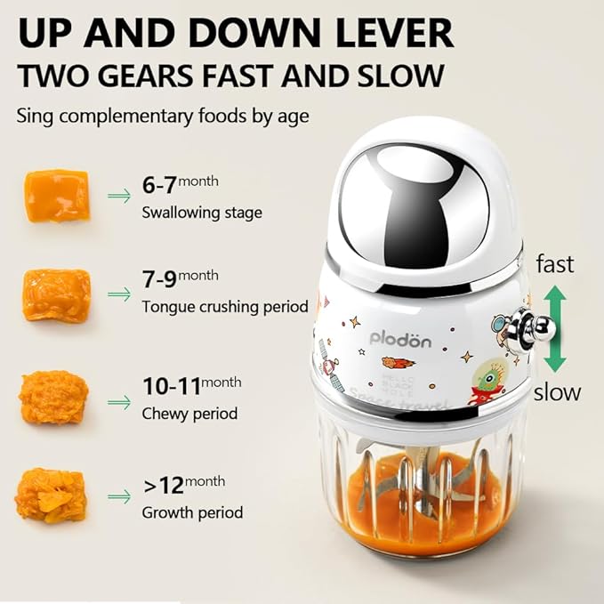 Plodon Baby Food Maker Mini Cute and Small Food Processor Puree Blender Grinder Chopper 1.2 Cup Glass Bowl with 6 Blade Electric (Spaceman-White)