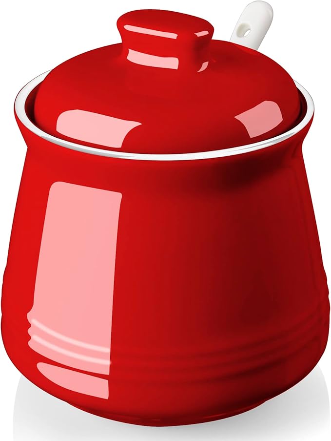Sugar Bowl with Lid and Spoon, 12 oz Ceramic Sugar Bowl with Spoon, Sugar Container for Coffee Bar, Sugar Jar Sugar Dispenser Bowl, Red Kitchen Decor and Accessories