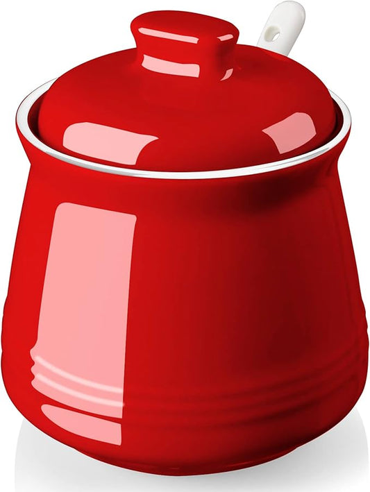 Sugar Bowl with Lid and Spoon, 12 oz Ceramic Sugar Bowl with Spoon, Sugar Container for Coffee Bar, Sugar Jar Sugar Dispenser Bowl, Red Kitchen Decor and Accessories