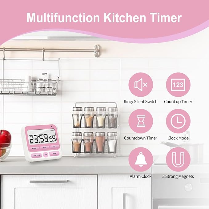 Multifunctional Kitchen Timer with Silent/Alert Mode, 24-Hour Clock, Memory Recall, Fast-Forward, and Magnetic Back for Cooking, Baking, Teaching (Red)