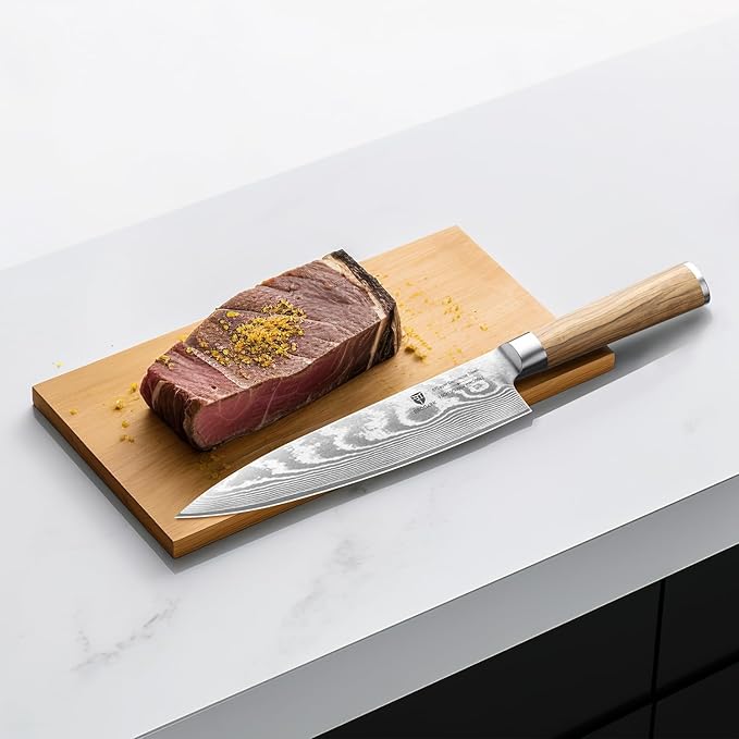 Damascus Chef Knife 8 Inch:Japanese Kitchen Knife with VG10 Steel Core,Ultra Sharp Professional Chef's Knife,Olive Wood Handle,High Carbon Stainless Steel Cooking Knife,Gift Box