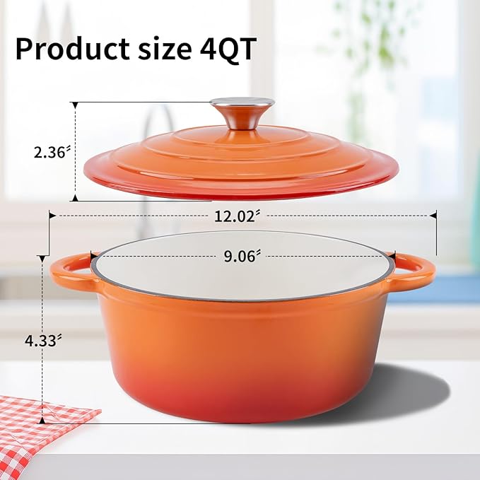 WOKINS Enameled Cast Iron Dutch Oven Pot with Lid Heavy-Duty Cookware for Bread Baking,Braising,Stews,Roasting,Oven Safe up to 500°F,4QT,orange