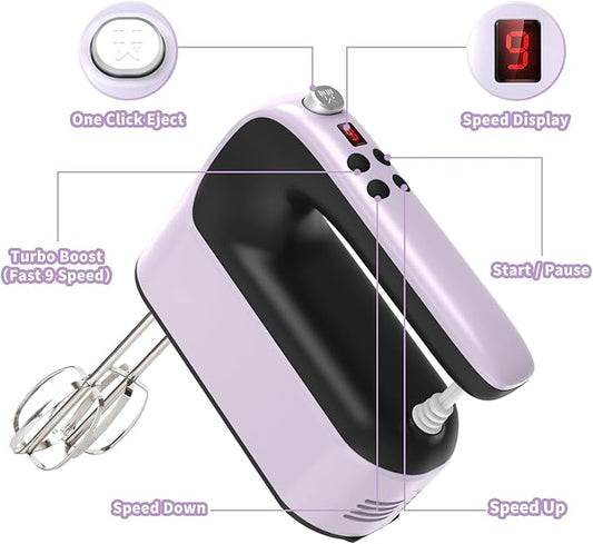 Yomelo 9-Speed Digital Hand Mixer Electric, 400W Powerful DC Motor, Hand Mixer Electric Handheld with Snap-On Storage Case, 5 Stainless Steel Accessories, Beaters, Dough Hooks, Whisk(Purple/Black)