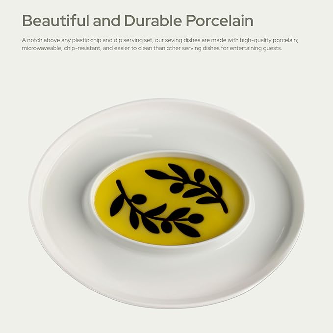 Chip and Dip Serving Set - 14"x10.5" Porcelain Serving Tray for Olive Oil, Balsamic Vinegar, Veggie Tray, Fruit Platter, Caviar Serving Set, Hosting Essentials, Party Trays and Platters