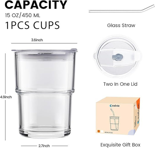 Glass Cups With Lids And Straws, Iced Coffee Cup,15Oz/450ml Iced Coffee Glasses Tumbler, Thick Wall Glass Mug For Tea Water, Matcha Cup Chirstmas Gifts (Clear,1PCS)