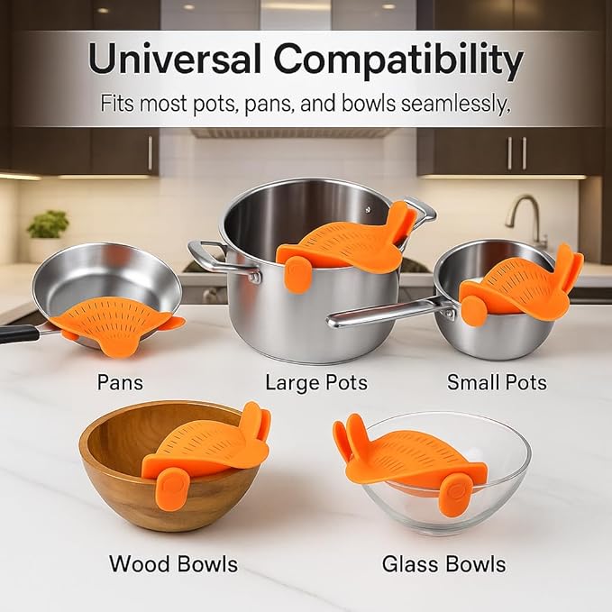 Clip on Strainer Silicone for All Pots and Pans, Colander, Pot Strainer for Pasta, Meat, Vegetables, Space Saving Design, Food-Safe with Collapsible Funnel, Garlic Peeler, 3 Pack (Orange)