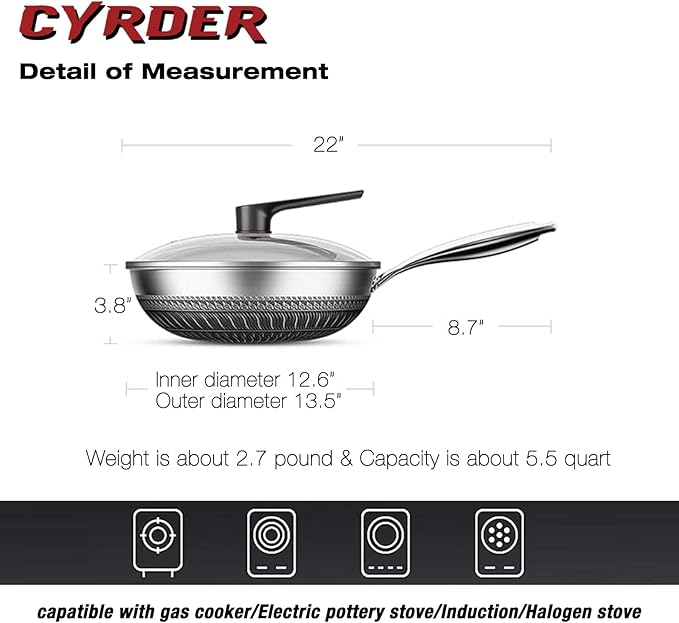Cyrder Hybrid 13.5Inch Stainless Steel Pan, PFOA Free Non-Stick Wok, Dishwasher Oven Safe, Stay Cool Handle Skillet, Works with Induction Cooktop/Ceramic/Gas/Electric Stove