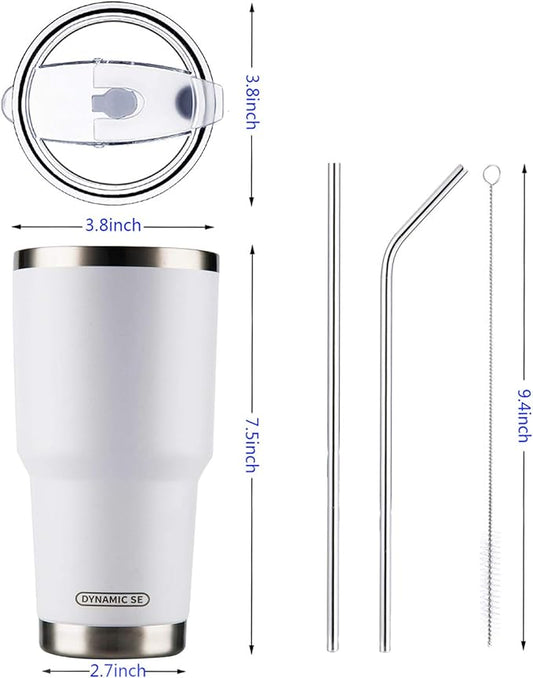 D·S 30oz White Tumbler Stainless Steel Double Wall Vacuum Insulated Mug with Straw and Lid, Cleaning Brush for Cold and Hot Beverages (30oz White)