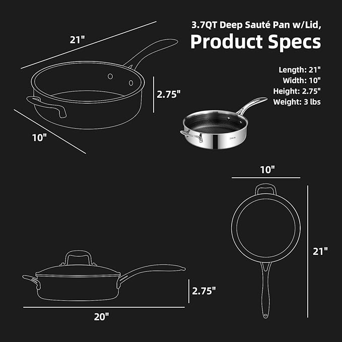 DELUXE Hybrid Ceramic Nonstick 3.7 Qt Deep Sauté Pan with Lid, Stainless Steel Skillet with Stay-Cool Handles, Dishwasher and Oven-Safe, PFOA Free Deep Frying Pan, Compatible with All Cooktops