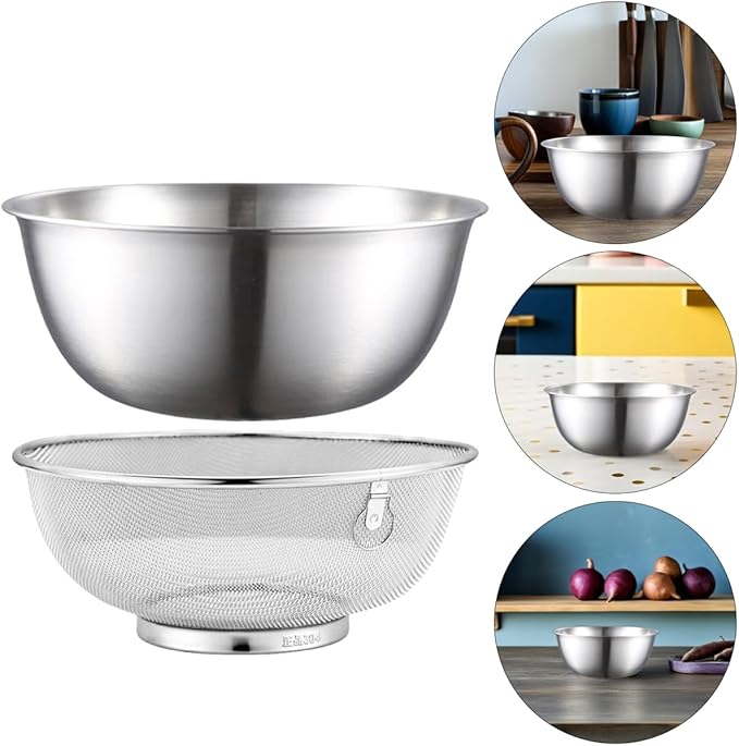 2Pcs Stainless Steel Colander Set with Fine Mesh Strainer & Mixing Bowl, Kitchen Basket for Washing Vegetables, Fruits & Rice, Easy-Clean, Multi-Function for Home Cooking & Meal Prep