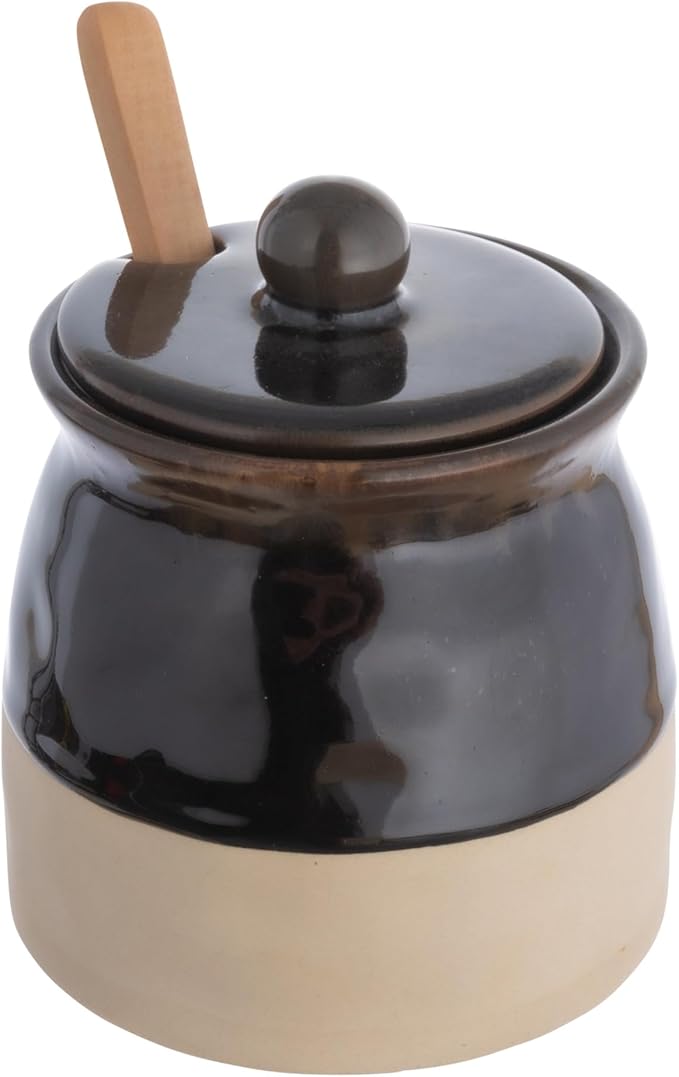 Creative Co-Op Stoneware Sugar Pot with Lid and Wood Spoon, Espresso Glaze