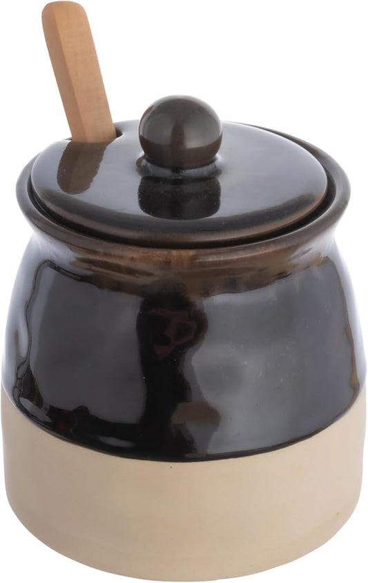 Creative Co-Op Stoneware Sugar Pot with Lid and Wood Spoon, Espresso Glaze