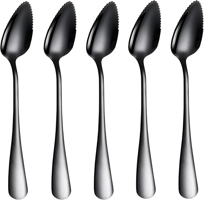 5 PCS Grapefruit Spoons, Stainless Steel Grapefruit Spoon Utensil Set, Serrated Edge & Thick Gauge Handle, Black Kitchen Tool with Non-stick Plating for Kiwi, Dessert, Apple, Citrus Fruit