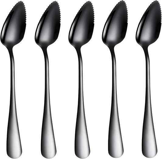 5 PCS Grapefruit Spoons, Stainless Steel Grapefruit Spoon Utensil Set, Serrated Edge & Thick Gauge Handle, Black Kitchen Tool with Non-stick Plating for Kiwi, Dessert, Apple, Citrus Fruit