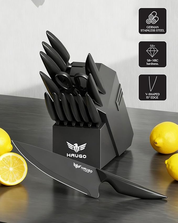 Knife Set - Haugo 15 PCS Kitchen Knife Set with Built in Sharpener - High Carbon German Stainless Steel - Dishwasher Safe Knife Block Set - Ergonomic Handles - Black Mamba Series